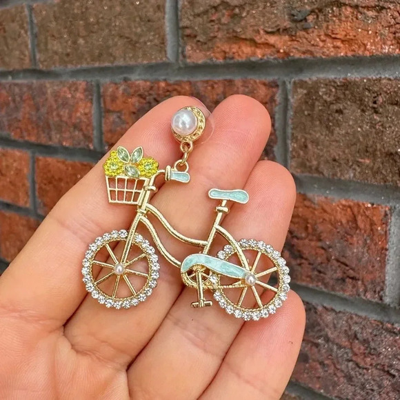 Anthropologie Blue Sweet Flowers Bicycle Crystal Earrings - Picture 8 of 11